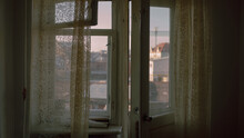 Old Wooden Window With White Curtains