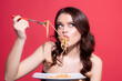 Italian food. Spaghetti pasta. Italian cuisine. Sexy girl eating pasta. Healthy menu.