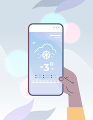 Poster - human hand holding smartphone with daily temperature mobile app weather forecasting and meteorology concept