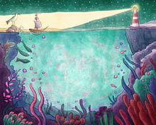 Lighthouse And Underwater Life Watercolor Illustration