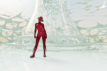 Futuristic Woman In Red Bodysuit And Gas Mask