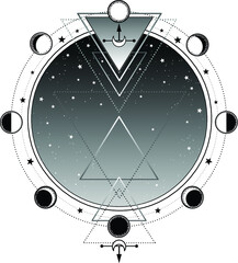 Wall Mural - Monochrome background: night star sky, Sacred geometry. Place for the text. Alchemy, magic, esoteric, occultism. Vector illustration isolated on a white background. Print, poster, t-shirt, card.