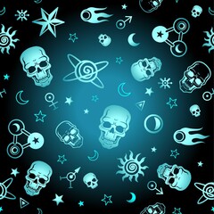 Seamless background: animation skulls, space symbols. Esoteric, mysticism, occultism. Metal imitation. Vector illustration.