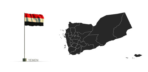 Poster - Yemen map. gray country vector map and flag 3d illustration.