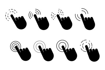 Poster - Black finger cursor set. Click here web button sign. Hand click icon. Vector mouse pointer symbol. Stock image. EPS 10.