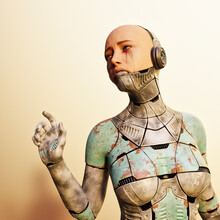 Tearful Sad Futuristic Cyborg Woman
