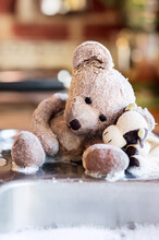Soapy Teddy Bear Drains Beside Kitchen Sink