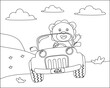 © Hijaznahwani - Cute lion cartoon having fun driving a off road car in mountain on sunny day. Cartoon isolated vector illustration, Creative vector Childish design for kids activity colouring book or page.