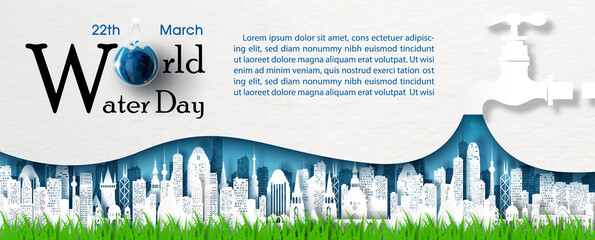 Fototapete - World water day letters with example texts and Water tap with cityscapes in paper cut style on white paper pattern background. World water day campaign's poster in banner and vector design.