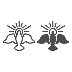 Poster - Dove with glow line and solid icon, Happy Easter concept, Holy Spirit bird sign on white background, pigeon surrounded by glowing lights icon in outline style for mobile and web. Vector graphics.