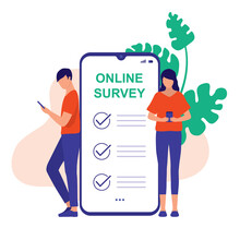 People Taking Online Survey On Their Mobile Devices. Online Survey Concept. Vector Flat Cartoon Illustration. Man And Woman Filling Out An Online Feedback Form. 