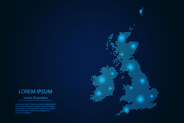 Wall Mural - Abstract image United Kingdom map from point blue and glowing stars on a dark background. vector illustration. Vector eps 10.