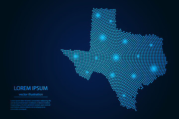 Wall Mural - Abstract image Texas map from point blue and glowing stars on a dark background. vector illustration.