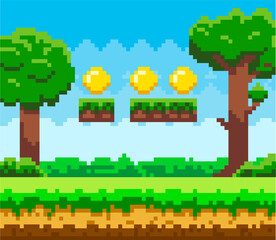 Wall Mural - Pixel-game background with coins in the sky. Pixel art game with green grass platform and tall trees