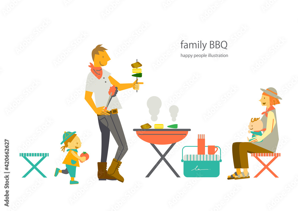 バーベキューを楽しむ4人家族のカラフルでおしゃれなイラスト素材 Wall Mural Fumipokkur