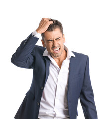 Sticker - Portrait of stressed young man on white background