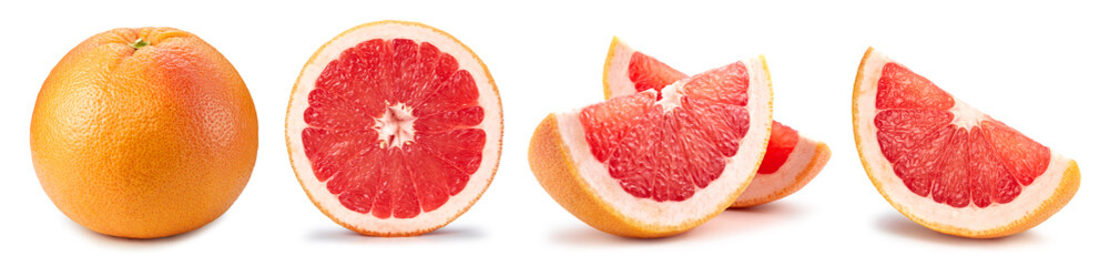 Grapefruit set. Grapefruit clipping path. Organic fresh grapefruit isolated on white.