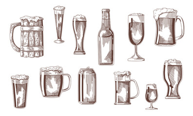 Beer drink in glasses, pints, mugs, can sketch set. Vintage beverages vector illustration. Hand drawn elements collection. Brewery concept