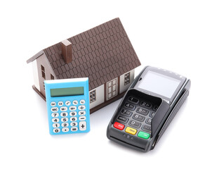 Poster - Calculator with model of house and payment terminal on white background