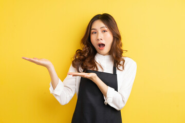 Wall Mural - Beautiful housewife with gesture isolated on yellow background