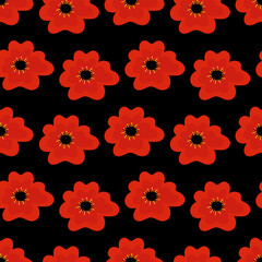 Wall Mural - Vector seamless pattern background with red poppy flowers on black. Anzac Day pattern background.
