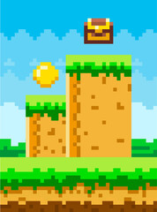 Aufkleber - Pixel-game background with coins in sky. Pixel art game scene with green grass platform and chest