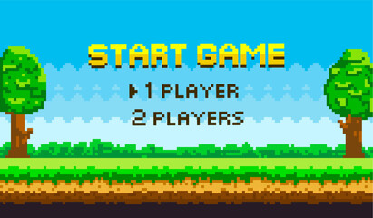 Aufkleber - Start for players pixel game background, natural landscape with blue sky, trees and green grass