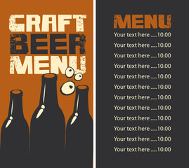 Wall Mural - Vector craft beer menu with price list. Decorative illustration in a grunge style with inscriptions and three black bottles on a brown background