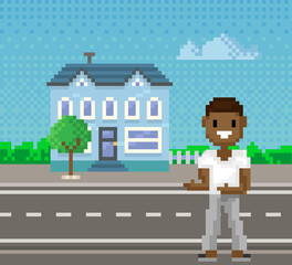 Wall Mural - Pixel woman for old pixel-game layout stands against background of cityscape with road and building