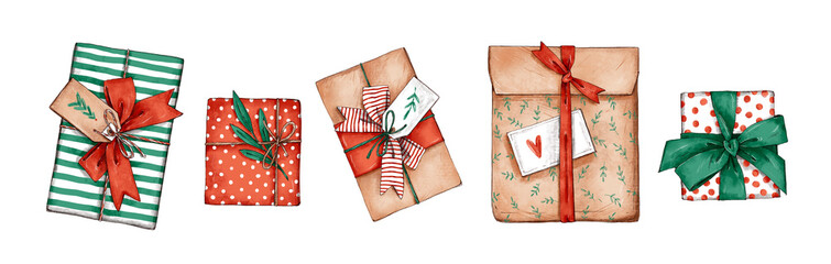 presents. vintage packaging. beautiful gift boxes with bows and tags. watercolor botanical hand draw