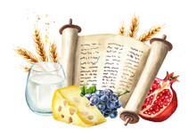 Shavuot Card. Torah, Wheat, Milk, Dairy Products, Fruits. Symbol Of Jewish Holiday Shavuot. Watercolor Hand Drawn Illustration Isolated On White Background