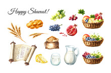Shavuot Set. Wheat, Milk, Dairy Products, Fruits. Symbol Of Jewish Holiday Shavuot. Watercolor Hand Drawn Illustration Isolated On White Background