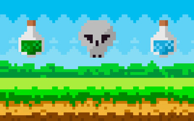 Aufkleber - Pixel-game scene with grass meadow, skull and flasks with magic liquid soar in sky, pixelated object