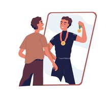 Ordinary Man Looking At Fake Mirror Reflection And Dreaming To Be Successful Strong Athlete And Sports Winner With Medals In Future. Colored Flat Vector Illustration Isolated On White Background