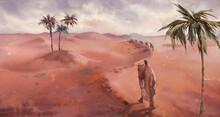 Watercolor Sahara Desert Landscape With Camels. Wild Nature Tour. Original Painting For Banner, Cards, Interior.