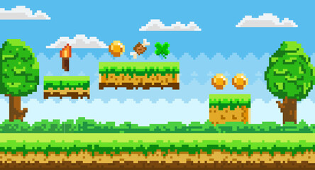 Aufkleber - Pixel-game scene with grass, trees and awards for player golden coins, meat bone, torch and leaf
