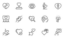 Set Of Vector Line Icons Related To Friendship And Love. Falling In Love, Amorousness, Mutual Understanding, Passion, Mutual Relationship. Editable Stroke. 48x48 Pixel Perfect.