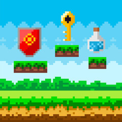 Sticker - Pixel art game background with reward object in air. Pixel-game scene with valuable award for player