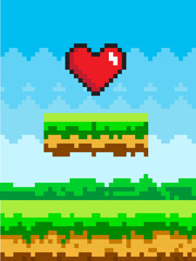 Aufkleber - Pixel art game background with heart in the sky. Pixel-game scene with green platform above ground