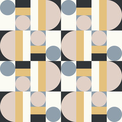Poster - Modern vector abstract seamless geometric pattern with semicircles and circles in retro scandinavian style. Pastel colored simple shapes mosaic background. Bauhaus design inspired background.