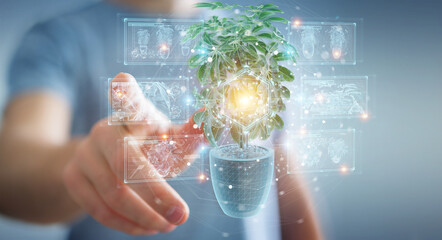 Leinwandbilder - Man holding and touching holographic projection of a plant with digital analysis 3D rendering