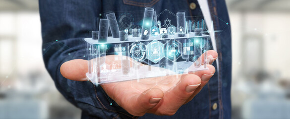 Leinwandbilder - Man holding and touching holographic tubes samples projection 3D rendering