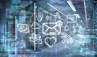 Poster - Multiumedia icons in a Server room data center - 3d rendering