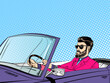 © romanya - Handsome bearded man wearing sunglasses driving purple cabriolet. Pop art comics retro design vector illustration.