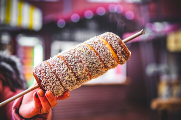 Trdelnik - traditional Czech hot sweet pastry food. outdoors