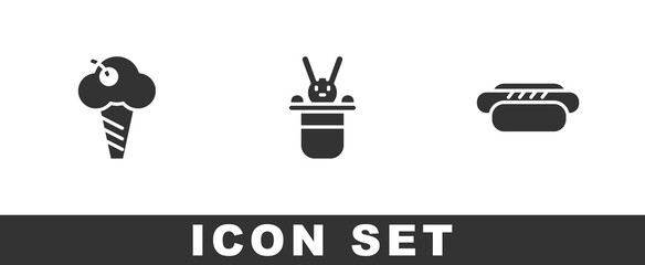 Canvas Print - Set Ice cream in waffle cone, Magician hat and rabbit and Hotdog icon. Vector