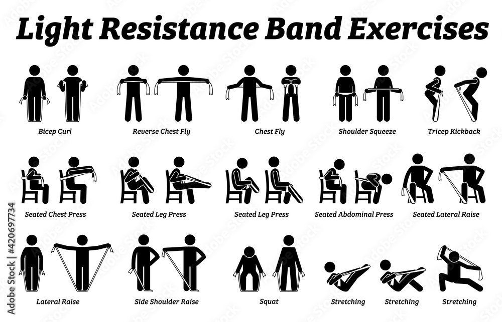Light resistance band exercises and stretch workout techniques in step by step. Vector illustrations of stretching exercises poses, postures, and methods with resistance band. - obrazy, fototapety, plakaty 