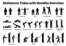 Resistance Tubes Band With Handles Exercises And Stretch Workout Techniques In Step By Step. Vector Illustrations Of Stretching Exercises Poses, Postures, And Methods With Resistance Tube Band.
