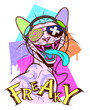 Freaky illustration with crazy cat. Illustration for t-shirt or any other print with lettering and crazy colored cat. 