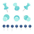 Set of push pins and thumbtacks on white background. Office push pins signs. Stationery products. Needles and tacks. Vector illustration.